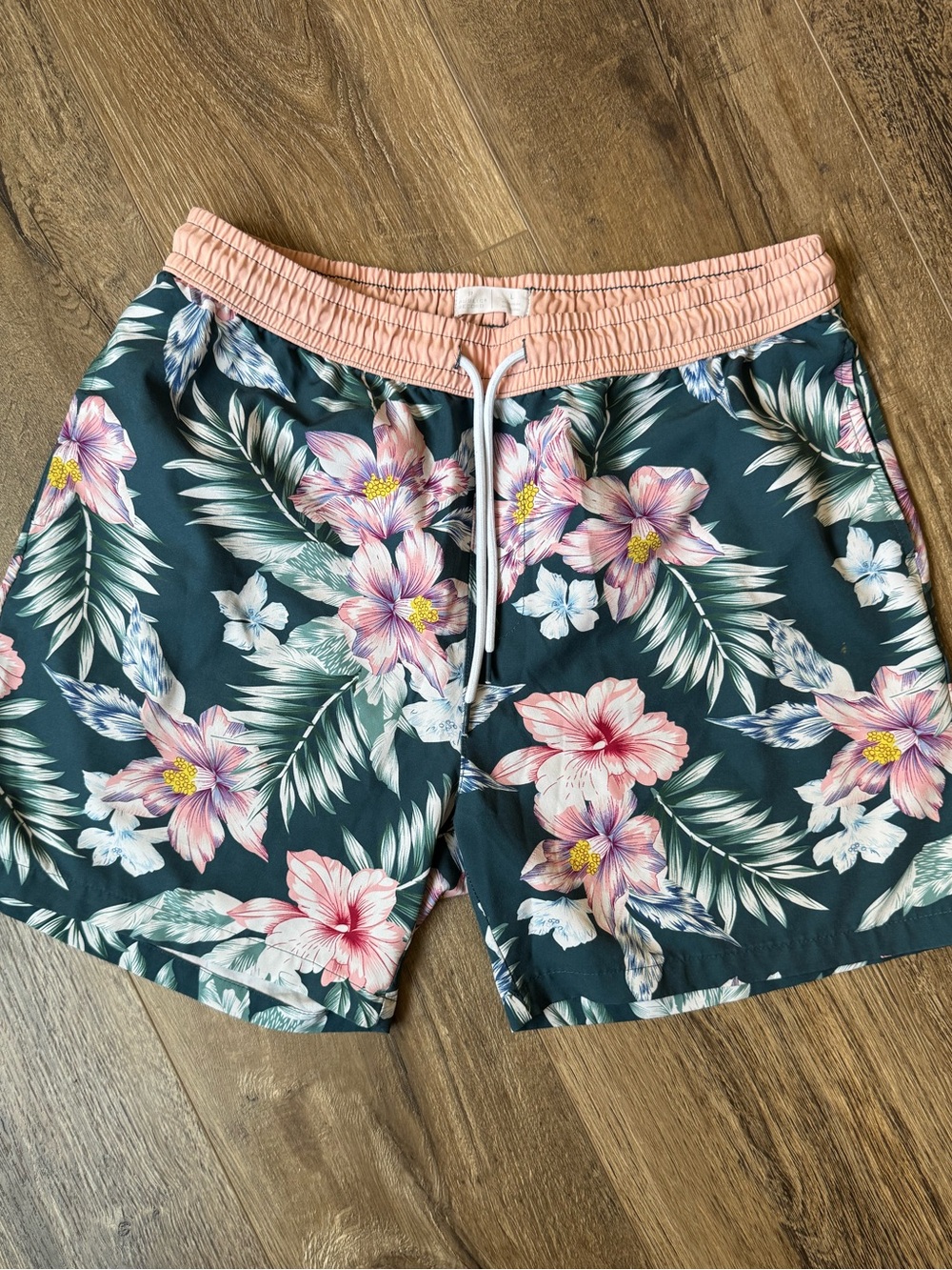 Peach Waistband Floral Swim Trunks with White Drawstring